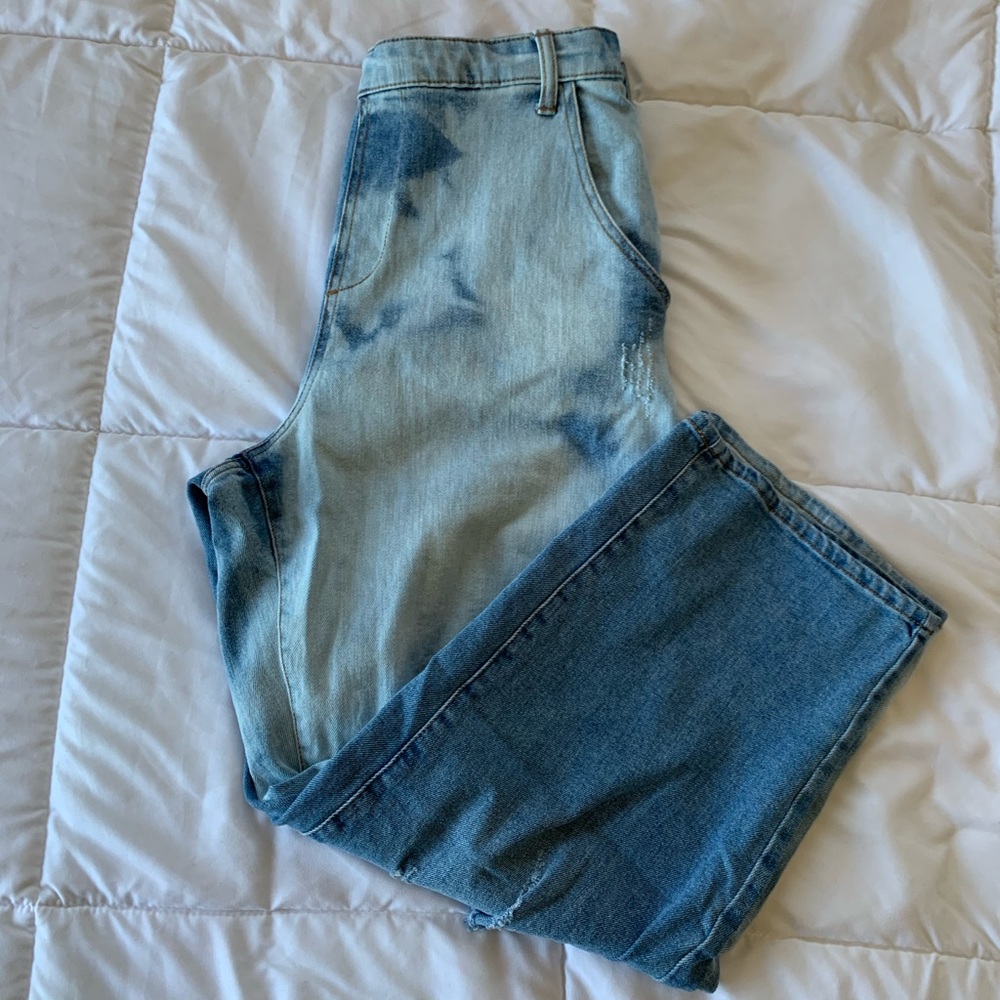 half bleached, straight leg jeans